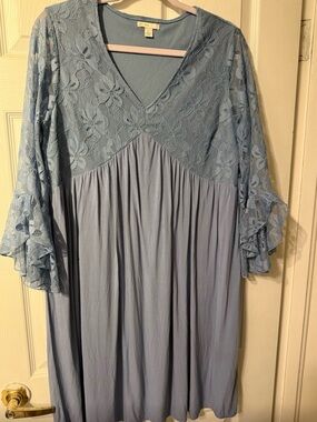Covington Dusty Blue Lace Yoke V-Neck Midi Dress